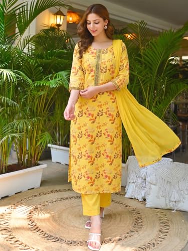 Image of ANNI Designer Women's Cotton Blend Printed Straight Kurta Set with Pant and Dupatta | Ethnic Casual Traditional Kurti Set for Women
