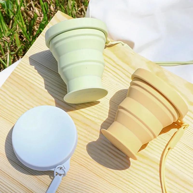 Image of 600ml Folding Silicone Water Bottle Sports Water Bottle Outdoor Travel Portable Water Bottle with Leak-Proof Lid Space-Saving Portable Bottle for Travel, Gym, Hiking, Camping (BEIG&GREEN)