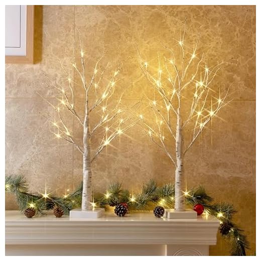 PEIDUO Easter Decorations for The Home, Set of 2 Easter Tree Battery Powered Timer, Lighted Birch Tree with LED Lights, Mantle Decor Lighted Trees for Decoration Inside (2FT Warm White)