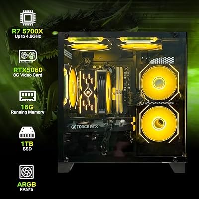 Gaming PC Desktop,Prebuilt Gaming Computer with,AMD Ryzen 7 5700X 3.4GHz,RTX5060 8GB GDDR7 DLSS4,16GB DDR4 RAM 3200MHz,1TB NVME SSD,ARGB Cooling Fan,Supply WiFi Support