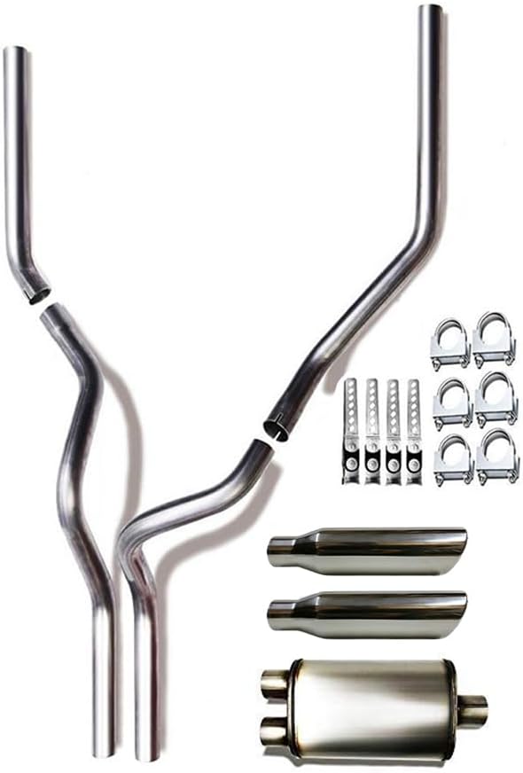 | Stainless Steel Universal Mandrel Dual Pipe & Single Chamber Muffler with Rolled Edge Angle Cut Tips Compatible for 1988-2010 Dodge Ram 3500 | Free Clamps and Hangers Included