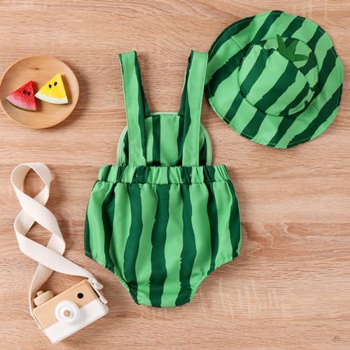 Baby Girl Boy Fruit Romper Summer Clothes Watermelon/Pineapple Square Neck Sleeveless Onesie Overalls with Hat 2 Piece2