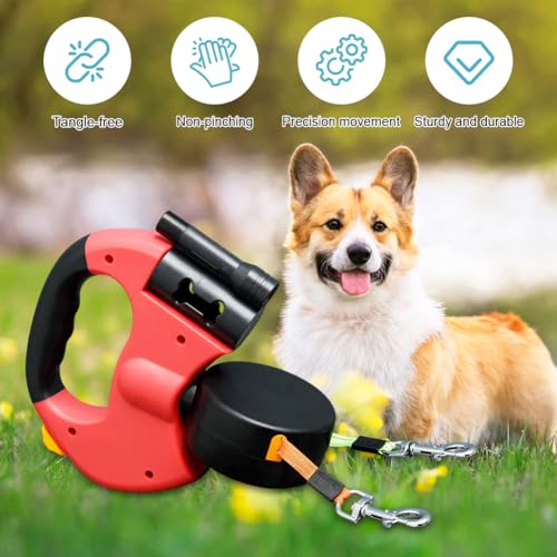 CRWEOM Hundeleine Doppelleine für 2 Hunde – Einziehbare Rollleine mit 360° Drehfunktion, LED-Beleuchtung & Reflektierendem Nylon | Ergonomischer Griff, Rot
