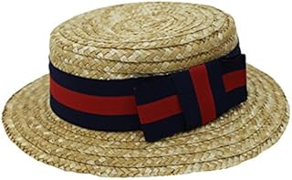 ILOVEFANCYDRESS® ADULTS STRAW BOATER FANCY DRESS HAT EASTER BONNET EDWARDIAN HAT WITH NAVY BLUE & RED BAND AND BOW BULK (PACK OF 1)