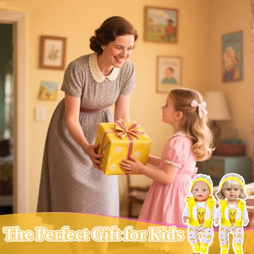 Puppenkleidung für 14-18 Zoll Puppen, Kleidung 35-43 cm Baby Puppen, Puppenzubehör mit Mütze Socken Langarmhose Weste Niedliche Gelbe Enten aus Baumwolle für Jungen und Müdchen