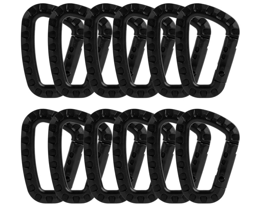 12 Piezas Mosqueton Plastico Negro, Carabineros D-Forma de Plástico, Ligeros y Resistente para Camping, Senderismo y Actividades al Aire Libre, Medidas 7,5 cm x 5,5 cm, Soportan hasta 10 kg