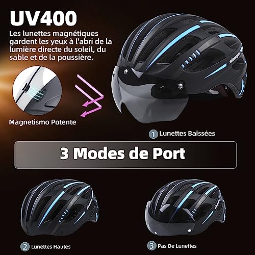 Caschi Da Bici Per Uomo E Donna, Kinglead Casco Da Bici Mtb Con Occhiali Magnetici E Luce Usb Ricaricabile, Casco Da Corsa Per Mountain Bike Regolabile Con Strisce Riflettenti, 57-62 Cm. - 3