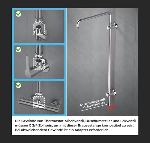 JOHO Barre de douche en acier inoxydable, Colonne de douche avec Support mural réglable compatible avec les trous de perçage existants, 91 cm, Chromé – vue 5