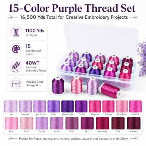 Image of Simthread 15-Color Polyester Machine Embroidery Thread Set, Purple Series | 15 coordinated 1000M polyester spools for machine embroidery, quilting, patches, monograms and everyday sewing.