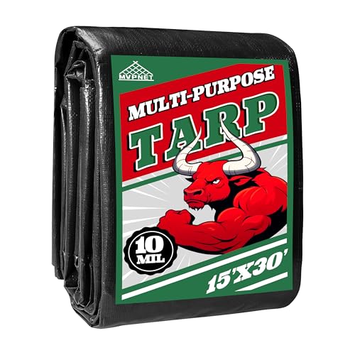 Tarp 15x30 ft Heavy Duty 100% Waterproof 10mil UV Resistant Durable Grommets and Reinforced Edges Green/Black Tarp for Camping Swimming Pools Car Coverage -by MVPNET