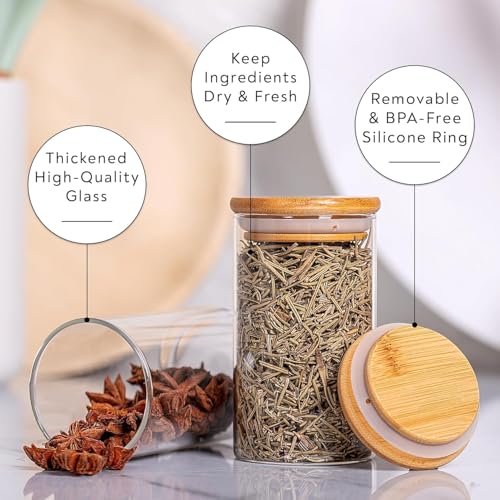Image of glass jars with Round wooden lid glass jar 270 ml set food storage containers Borosilicate glass jar for Sugar, Tea, and Other Dry food storage set of 6 (6, Round BAMBOO LID GLASS JAR 270ml -)