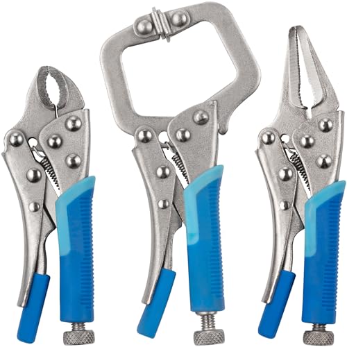 Jazooli Hand Tools - 3pc Mini Locking Pliers Set - 4 Curved, 5 Long Nose, 5 C Clamp Pliers - Heat Treated Carbon Steel, Adjustable Head Width, Quick Release Lever, Rubber Grip