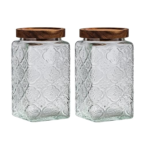 Aurfedes Vintage glass sealed storage jar with sealed wooden lid, Kitchen Storage glass food storage container for, coffee beans, oats, flour, cereal, food storage jar (2*plum blossom)