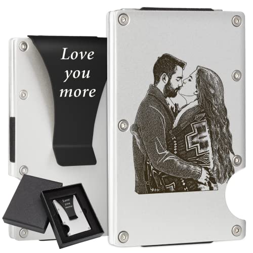 awofer Custom Photo Wallet Engraved Card Holder Personalized Gifts for Men Aluminum Picture Wallets with Money Clip Gifts for Husband Boyfriend Dad Son Grandpa Groomsmen Bestman