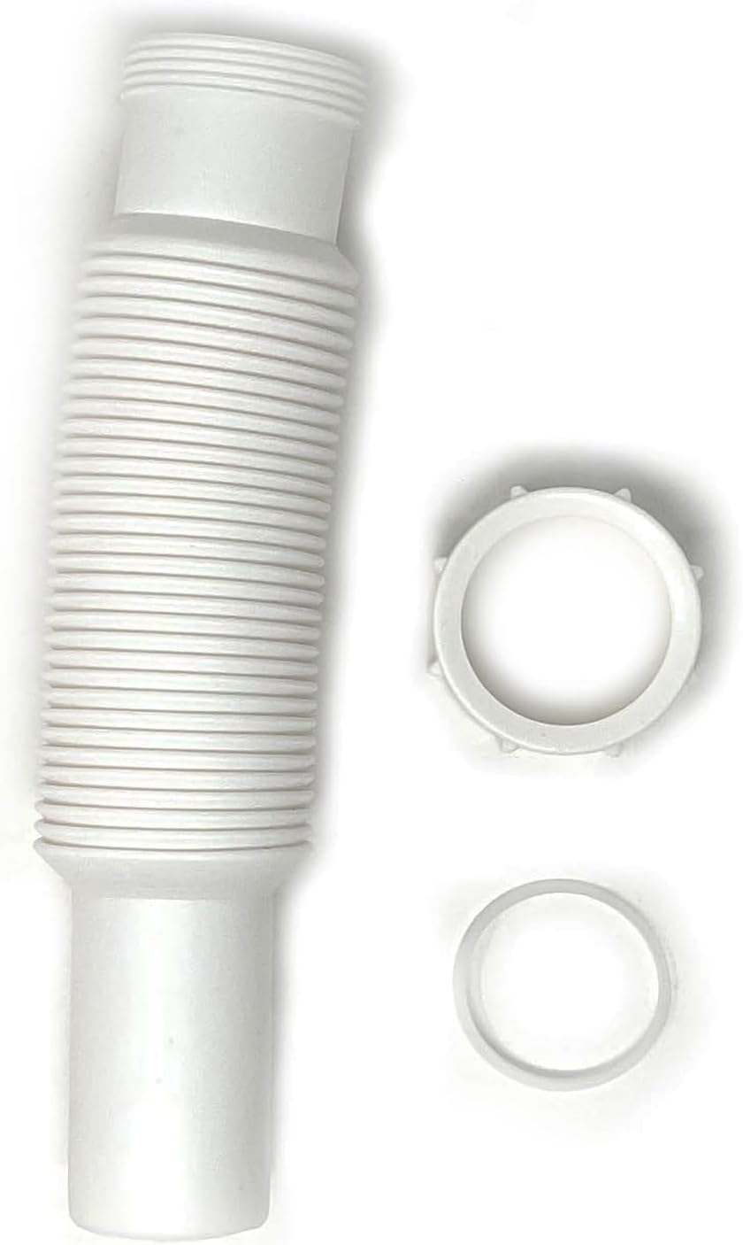 Flexible Extension Pipe, 1-1/2 inch x 15 inch with Adapter for 1 1/4" Inlet Tube with Slip-Joint Nut and Washer for P-Trap Connection used with Kitchen or Bathroom Drain- White Plastic Polypropylene