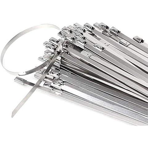 Stainless Steel Cable Ties, Tiberham 100 Pcs 7.9 Inches Heavy Duty Self-Locking Cable Zip Ties, Multi-Purpose Metal Exhaust Wrap Locking Ties for Home Office Garage Workshop Cover