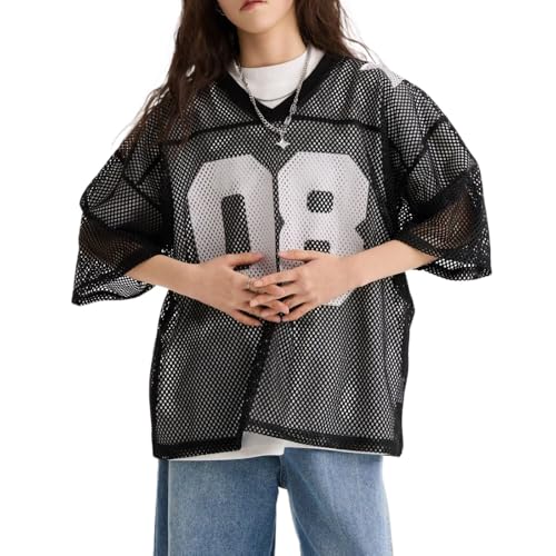 Jersey Shirts for Women Y2k Mesh Number Graphic Tees Short Sleeve Baggy Streetwear Summer Tops Oversized Sports T Shirt