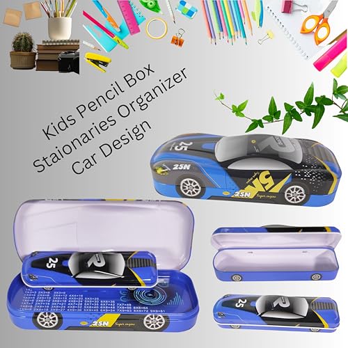 Image of ZAFCO Metal Car Pencil Box for Kids | Compass for Boys | Two in One Pen Box for Students | Car Geometry for School | Pencil Box for Boys | Birthday Return Gift 1 Unit (Blue-Twin)