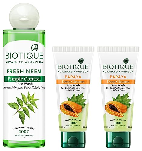 Image of Biotique Bio Neem Purifying Face Wash, 200 ml & Bio Papaya Visibly Ageless Face Wash, Pack of 2, 200 ml (2 x 100 ml)