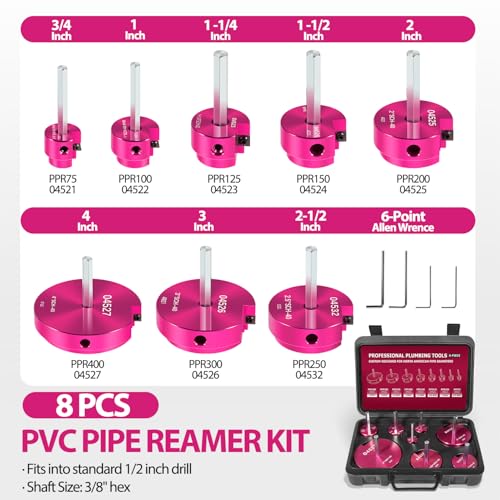 8PVC Pipe Reamer, Plastic PVC Pipe Fitting Reamer Plumbing Tools Kit Fit into Standard 1/2\" Drills With PPR50, PPR75, PPR100, PPR125, PPR150, PPR200, PPR250, PPR300, PPR400 for SCH40, ABS, CPVC (8)