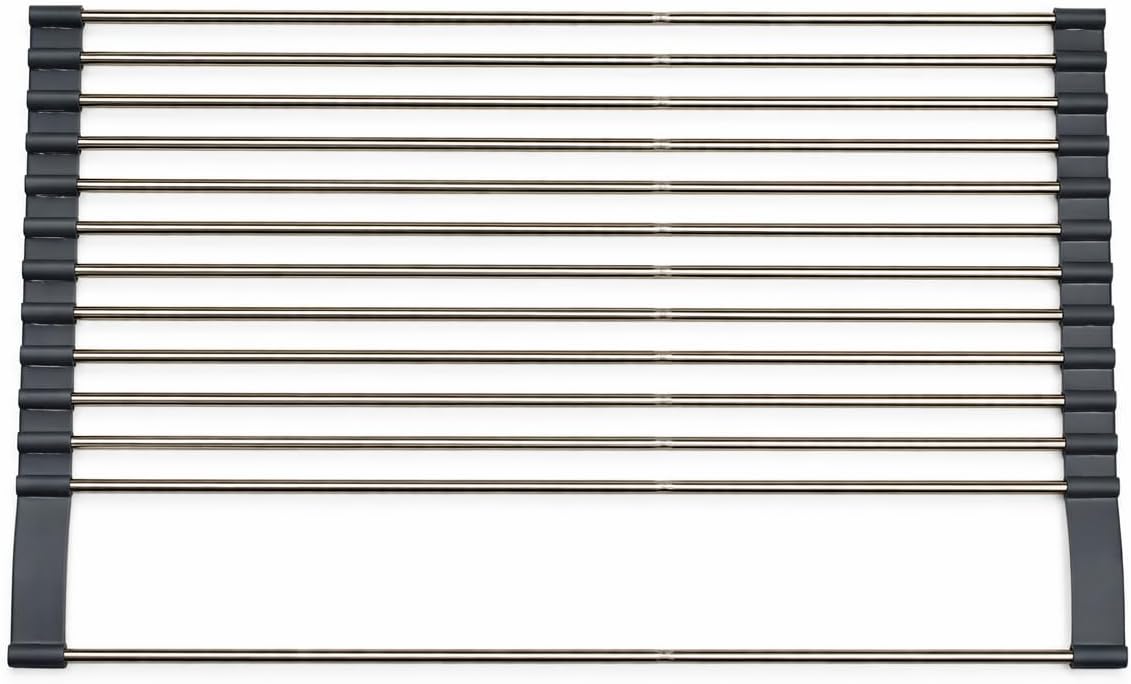 Expandable 304 Stainless Steel Roll Up Dish Drying Rack Over the Sink, Foldable Kichen Sink Drainer, Heat Resistant Space Saving Design