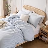 Yibeizi Light Blue 100% Washed Cotton Linen Like Duvet Cover Set Full Size, 3 Pieces, 1 Duvet Cover 80x90 Inches and 2 Pillow Shams, Soft Breathable Comforter Covers Zipper Closure