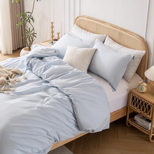 Yibeizi Light Blue 100% Washed Cotton Linen Like Duvet Cover Set Full Size