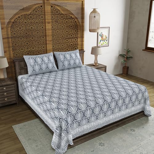 Image of BLOCKS OF INDIA Hand Block Printed 200 TC Cotton Super King Size Bedsheet (Blue Pine Tree)
