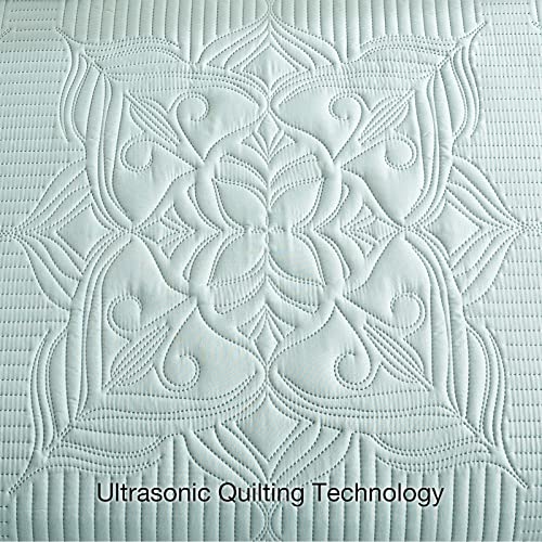 Beeweed Quilt Set Queen Size 3 Pieces, Lightweight Microfiber Flower Pattern Bedspreads For All Season, Mint Green Soft Summer Coverlet Set With Ultrasonic Quilting Technology (1 Quilt,2 Pillow Shams) #TOP4