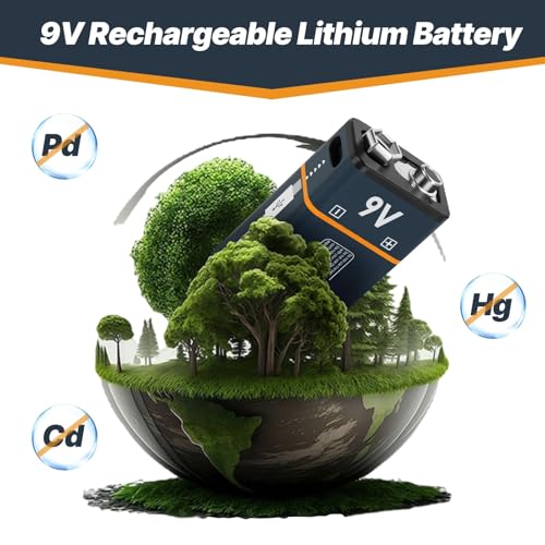seyyen Rechargeable Lithium Batteries 9V with 4 in 1 USB Charging Cable,650mAh 9 Volt Li-ion Battery for Smoke Detector,Metal Detector,Microphone(2Pcs)