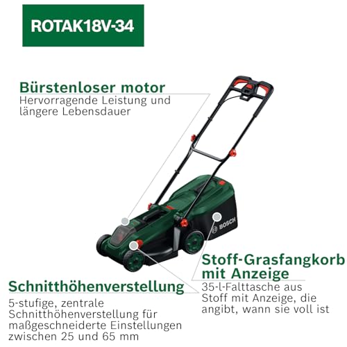 Bosch Akku-Rasenmäher ROTAK18V-34 (Schnittbreite: 34 cm, Schnitthöhe: 25-65 mm, 35 l Stoff-Grasfangkorb, Mulchstopfen, inkl. Akku und Ladegerät)