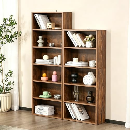 Image of HealSmart 6 Tier Bookcase, Industrial 6 Book Shelf, 9.2 inch D x 23.8 inch W x 63 inch H Tall Open Cube Storage Organizer for Home Office, Living Room, Bedroom and Dinning Room, Brown