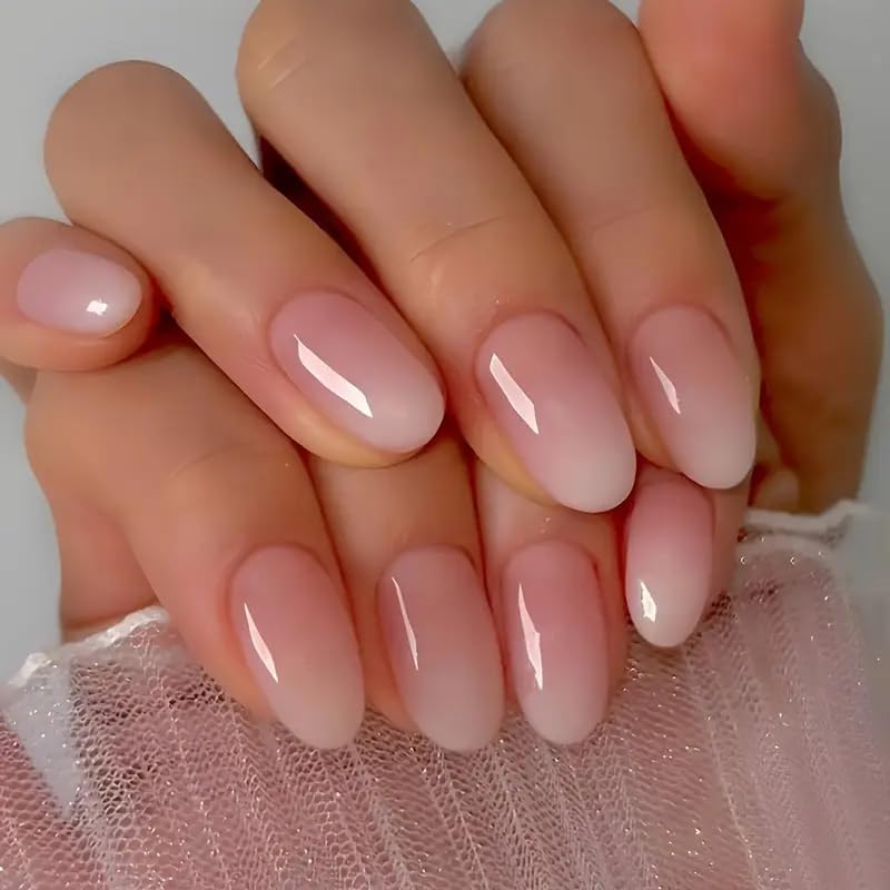 Fancy Short Length Oval Shaped Gradient Pink Artificial Reusable Nails Press On Nails with Glue Stickers - 24pcs/Set-image-26