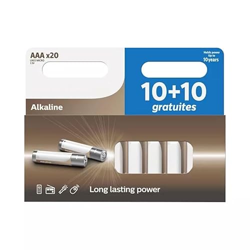 Pila alcalina AAA/LR03, Paquete de 20 Unidades. 30% más Durabilidad, Ideal para Dispositivos cotidianos de Alto Consumo.