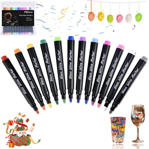 Plfawu 12 Colors Acrylic Wine Glass Markers - Fine Tip Dishwasher-Safe & Food-Safe Non-Toxic Paint Pens for Party Wedding & Ceramic Crafts