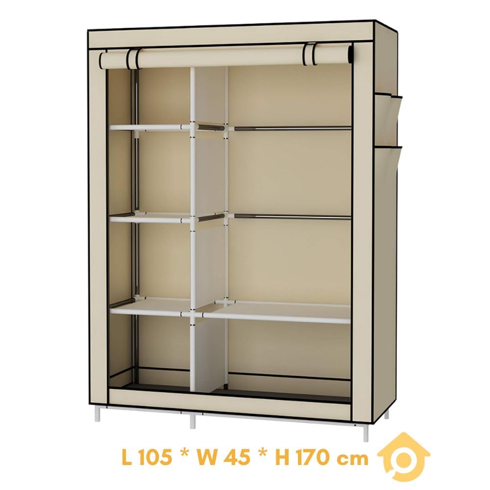 Armadio Guardaroba in Tessuto 105x45x170 cm – Struttura Rinforzata in Acciaio, Antipolvere e Impermeabile, Armadio Portatile con Ripiani e Asta Appendiabiti, Facile da Montare (Grigio)