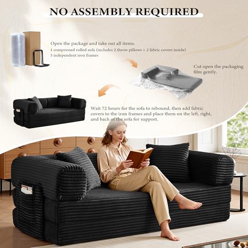 Image of Boneless Couch Futon Sofa Bed Sectional Couches for Living Room,Cloud Couch with Sleeper Sofa,Sofas for Living Room Oversized Corduroy Upholstered (Black, 81 Inches (with Iron Frame))