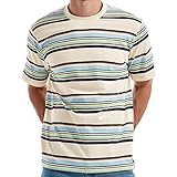 KLIEGOU Men's Fashion Loose Fit Crewneck Stripe T-Shirt 6108 Beige M