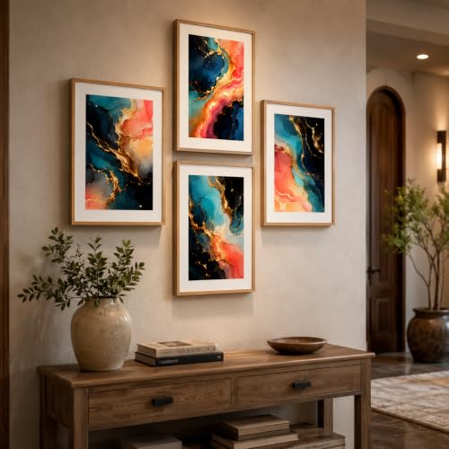 Image of Livin'luxe Set of 4 Abstract Marble Ink Wall Paintings with Sparkle Laminate and Premium Wooden Synthetic Frame for Living Room Bedroom Office Decor (13.5 x 19.5 Inch)