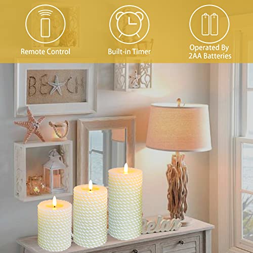 Image of Flameless Candles Set of 3, White Real Wax Rope Theme Battery Operated LED Candles with Remote Control and Timer for Gift Home Festival Decor