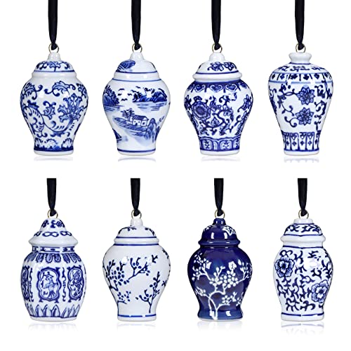8 Pieces Chinoiserie Porcelain Christmas Ornaments Blue and White Christmas Decorations Mini Chinoiserie Porcelain Ginger Jar Christmas Tree Decor Vintage Christmas Decorations (A)
