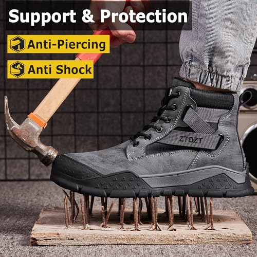 Image of Steel Toe Boots for Men Industrial Indestructible Work Slip Resistant Leather Construction Safety Shoes Grey Size 8.5