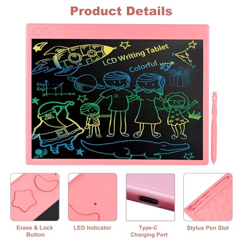Image of proffisy Plastic Colourful Screen LCD Writing Tablet 16 Inch USB Rechargeable Electronic E-Note Scribble Board for Kids and Adults at Home (Pink)
