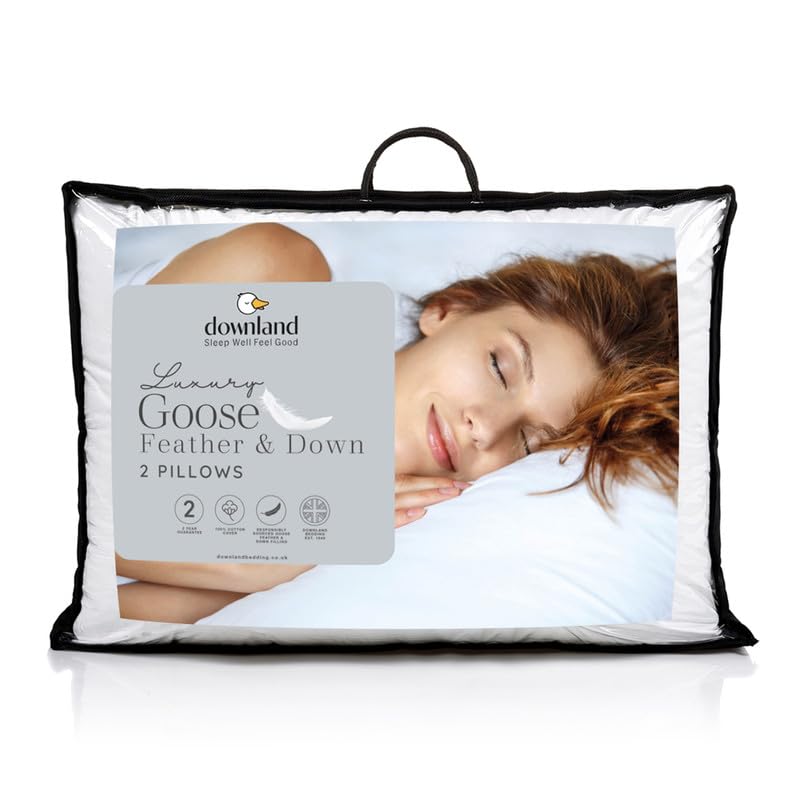 Downland Goose Feather & Down Pillows 2 Pack - Luxury Hotel Quality Pillow Pair, 233TC Breathable Cotton, Soft & Supportive 90% Feather 10% Down Filling, Hypoallergenic & Machine Washable, 48x74cm