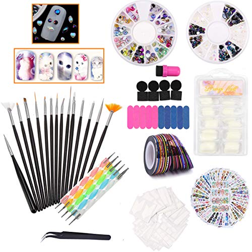 Nail Art Kit - 15x Nail Brushes, 5x Dotting Pen, Nail Liner, French false nails, Stripping Tapes, Gradient Sponge, Colorful Nail Decals, 3D Nail Rhinestones, Nail Files and a Tweezers (Black)