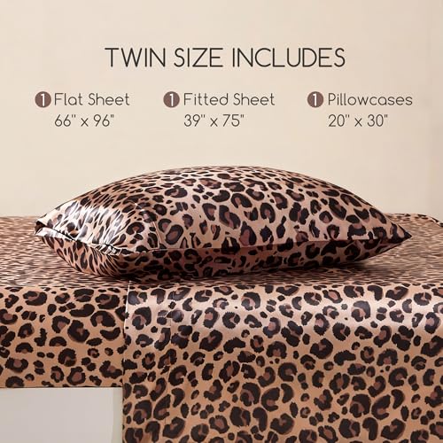Image of MR&HM Satin Sheets Twin Size, 3 Pcs Silky Bedding Set, Soft & Smooth Leopard Print Sheets with Corner Straps, 15 inch Deep Pocket (Twin, Brown Leopard)