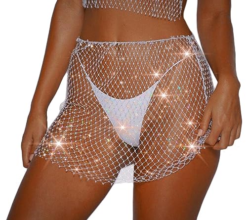 Women Rave See Through Hollow Out Rhinestone Bikini Cover Up Skirt Festival