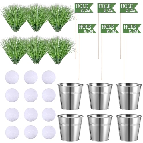 Soulchen 6 Set Golf Party Table Decorations Kit Includes 6 Iron Bucket 12 Mini Golf 90 Artificial Grass 6 Flags Centerpiece For Birthday Sport Themed Party Desk Supplies Rugby Favors (Classic)