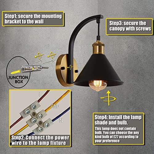ENCOFT Wall Light Vintage Black and Gold Wall Lamp Indoor Retro Gooseneck Wall Sconce E27 Industrial for Bedroom, Living Room,Stairs (Not Included Bulbs)