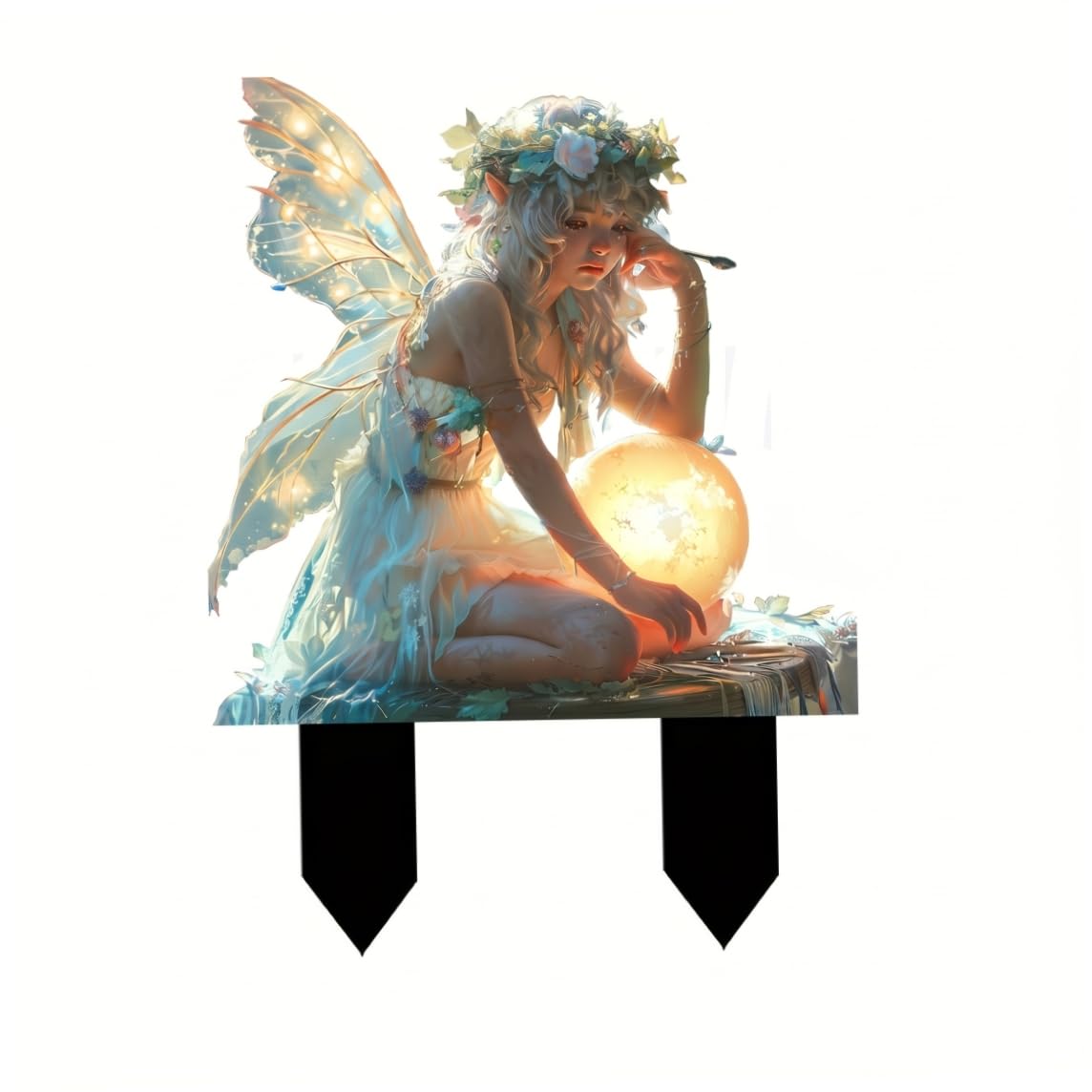 Neptuiby Garden Fairy Stakes, 2d Holding Glowing Orb Fairy Garden Decor | Waterproof Acrylic Sign for Potted Plants, 7.09x9.84inch Style 1